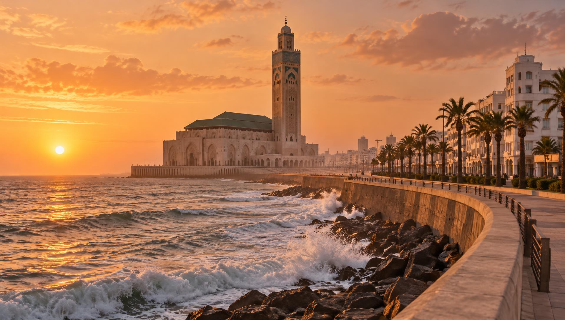 La corniche de Casablanca et la mosquée Hassan II au coucher du soleil